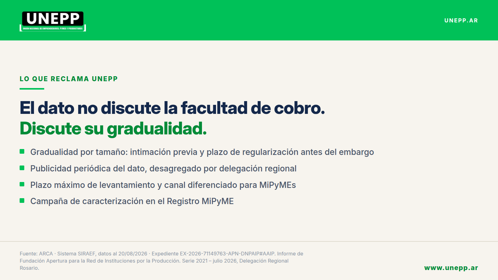 El dato no discute la facultad de cobro: discute su gradualidad. Los cuatro reclamos de UNEPP.